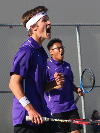 Spencer Denney (left) and Earl Magno won their doubles match to stay alive against Yosemite High in Wednesday's Division III title match.